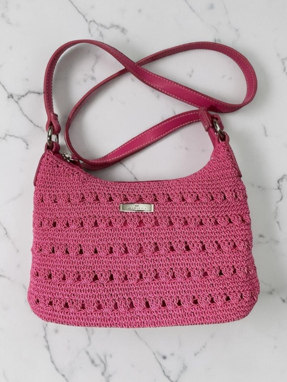 Minicci Crocheted Knit Macrame Pink Crossbody Bag Shoulder Bag Purse Handbag